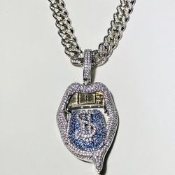Men’s Women’s 20” Miami Cuban Link Chain Necklace, White Gold 5X Layered Chain, Money Bag Dollar Dripping Lips Custom Iced, ICY Necklace 