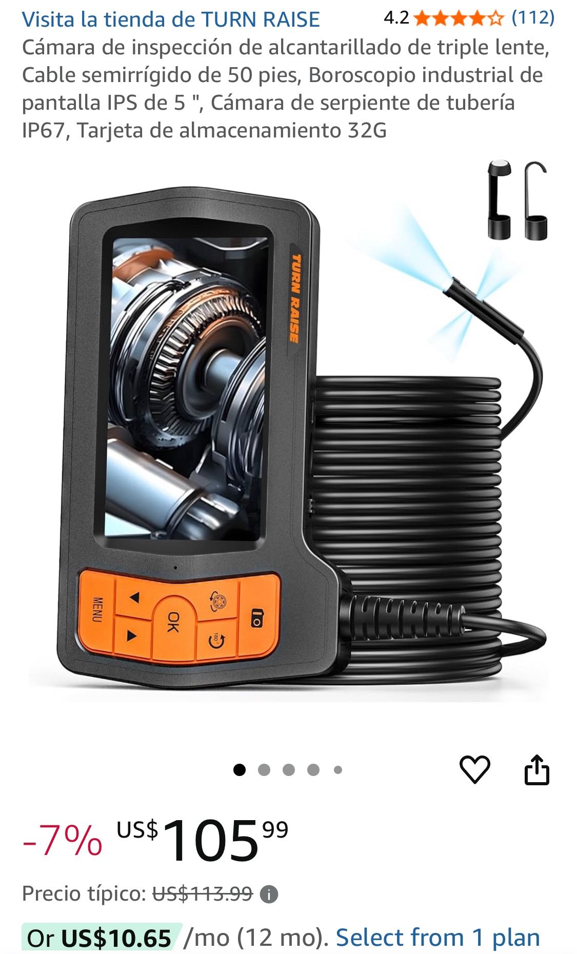 Cámara de inspección de alcantarillado de triple lente, Cable semirrígido de 50 pies, Boroscopio industrial de pantalla IPS de 5 ", Cámara de serpient