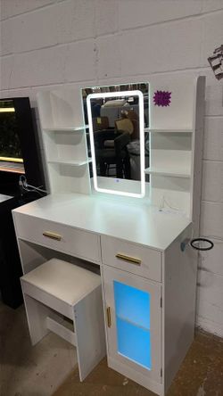 White LED Vanity Table with Three-Color Adjustable Light HD Mirror, USB Charging Port,Leather Stool
