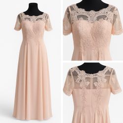 Elegant Blush Pink Lace Evening Gown – S Size | Formal Dress with Floral Embroidery and Sheer Sleeves