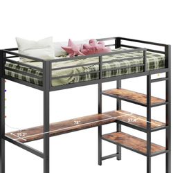 ANCTOR Loft Bed Twin Size with L Shaped Desk and Shelves, Heavy Duty Metal Loft Bed Frame with Power Outlet and LED Lighted, Space-Saving, Noise Free，