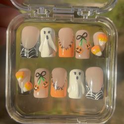 3D Halloween Press On Nails | Gel-X Ghost Candy Corn Pumpkin Spider Web | Handmade Spooky Nail Art Set