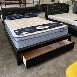 Black Leather Queen Size Platform Bed Frame With Storage Drawer