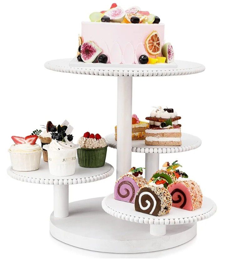 4 Tier Round Cupcake Tower Stand Beaded Wood Cake Stand with Tiered Tray Cupcake Stand for 50 Cupcakes Cake Display Stand Dessert Tiered Serving Tray 