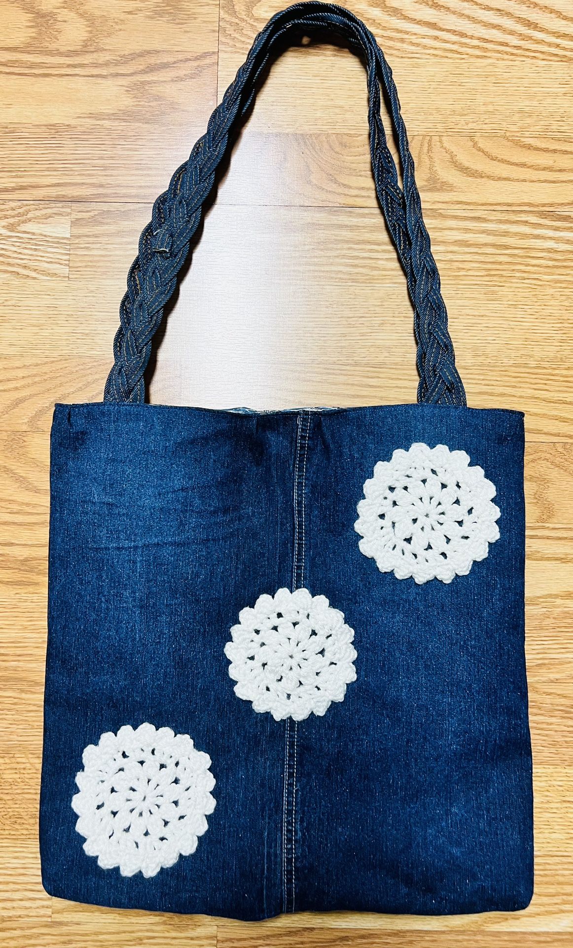 crochet doily Handmade book bag TOTE DENIM JEANS UPCYCLE RECYCLED PROJECT purse