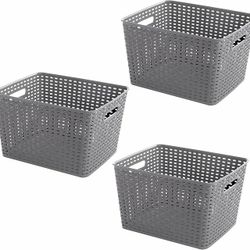 BINO Woven Plastic Storage Basket (Light Grey, 3PK-L)