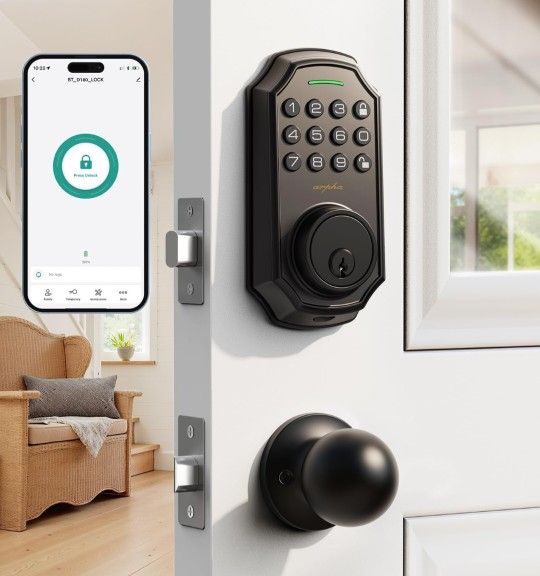 Keyless Entry Door Lock with 2 Knobs - Electronic Keypad Deadbolt, Auto Lock & Anti-Peeping Password, Matte Black Smart Locking for Front Door
