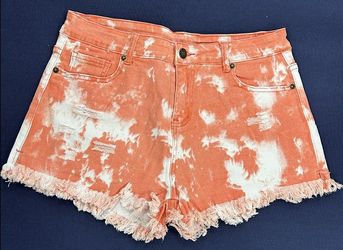 Women's Burnt Orange Acid Wash Denim Cutoff Shorts - Bleached Tie Dye, Frayed
Raw Hem, High Rise | M-XXL