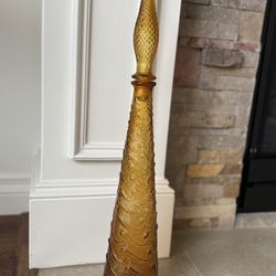 Vintage Amber Italian Empoli Glass Vase with Stopper – Wave Pattern – 23” Tall – Good Condition