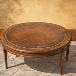 Vintage Neoclassical Coffee Table – Leather Top & Brass Accents  