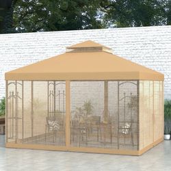Outsunny 10' x 12' Patio Gazebo with Corner Frame Shelves, Double Roof Outdoor Gazebo Canopy Shelter with Netting, Brown