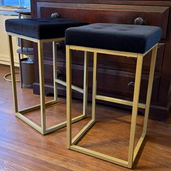 Modern Gold Bar Stools (Set of 2) - Velvet Black Tufted Seats