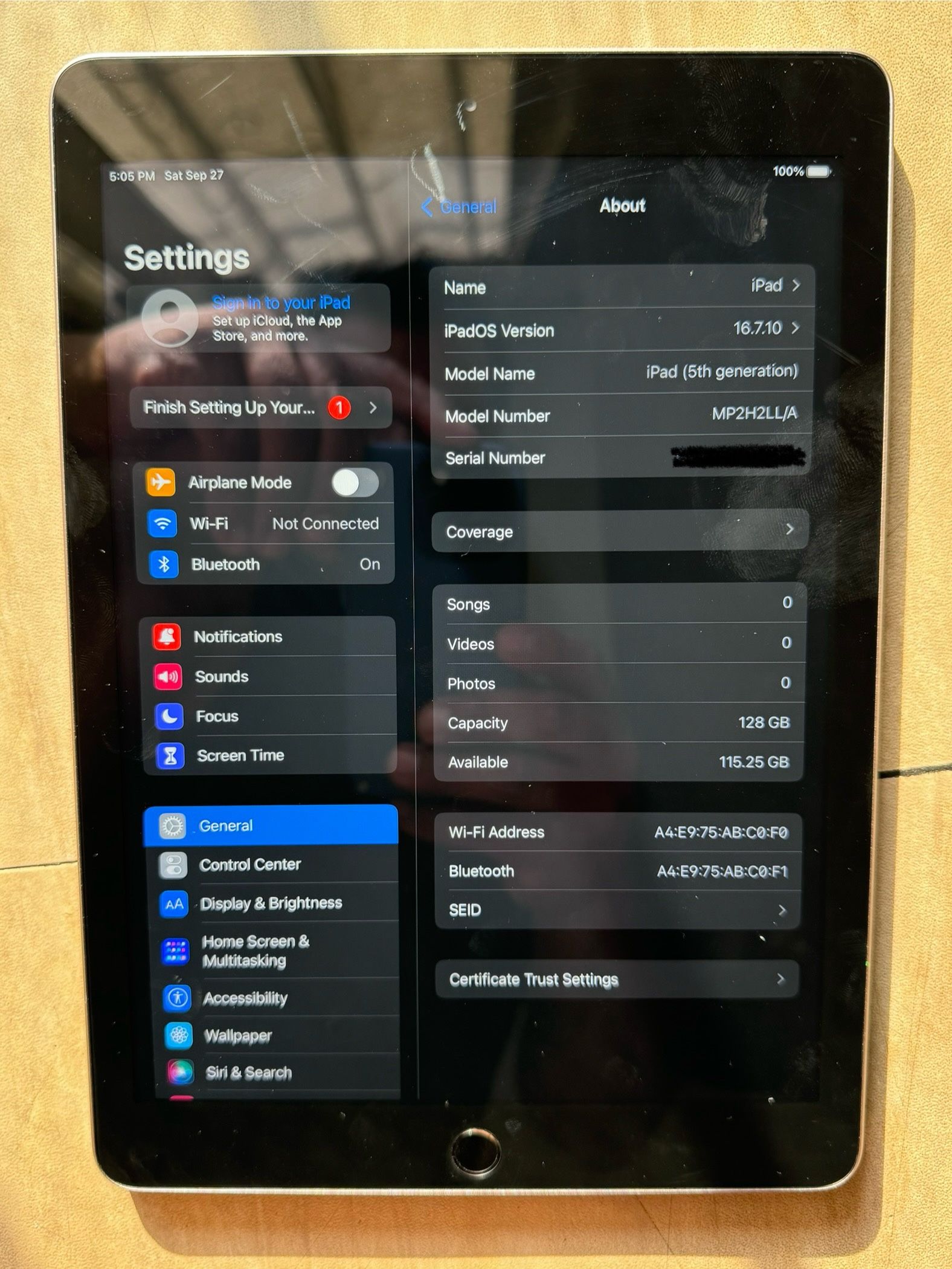 iPad 5th Gen 128 GBs Storage