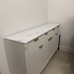 Fluted White Sideboard Buffet with Faux Marble Top and Gold Handles