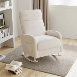 Upholstered Rocking Chair with High Backrest and Side Pockets