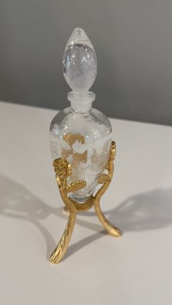 Vintage Crackle Glass Perfume Bottle with Ornate Gold Stand