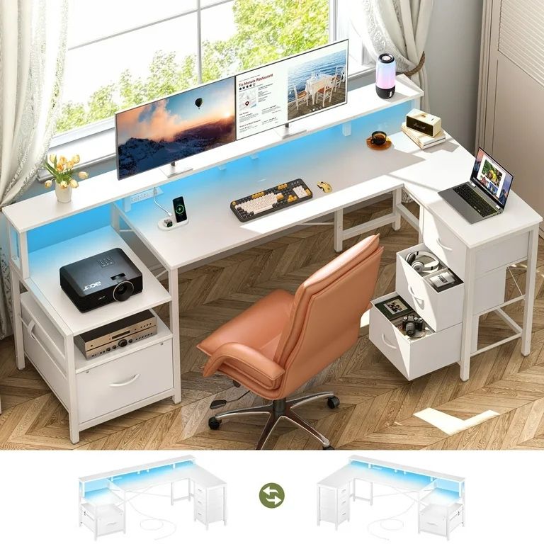 L Shaped Desk with Drawers, Gaming Desk with LED Lights & Outlets, 75" Reversible Computer Desk with Storage & Monitor Stand, Corner Desk with Printe
