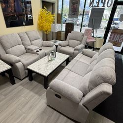 🆕 Brand New Gray Reclining Sofa Set – 3 Piece (Sofa, Loveseat, Chair)