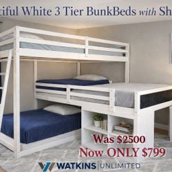 😍Beautiful White 3-Tier Twin Bunk Bed with Shelves – Space Saver! Delivery and Assembly Available 🚚 ⚒️ 