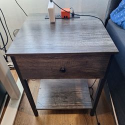 Dark Wood Grain End Table w Drawer, Shelf And 3 Sockets