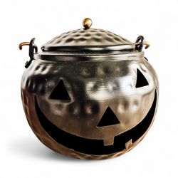 Blk Metal Jack O Lantern Cauldron Bucket w/ Lid Copper Handle Pumpkin Halloween Fall Autumn Decor