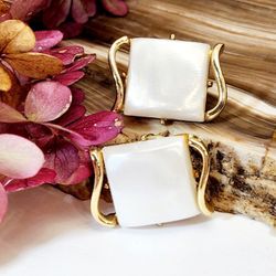 Vintage Coro Signed Moon glow White Lucite thermoset Clip On Earrings Gold Tone