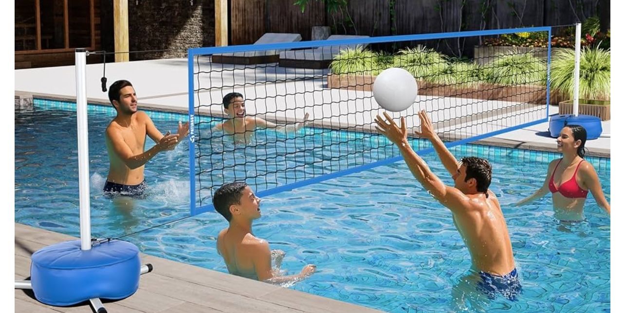 Pool Volleyball Net Set with Weighted Base Suitable for Family Entertainment, Adjustable 15ft-32ft Length