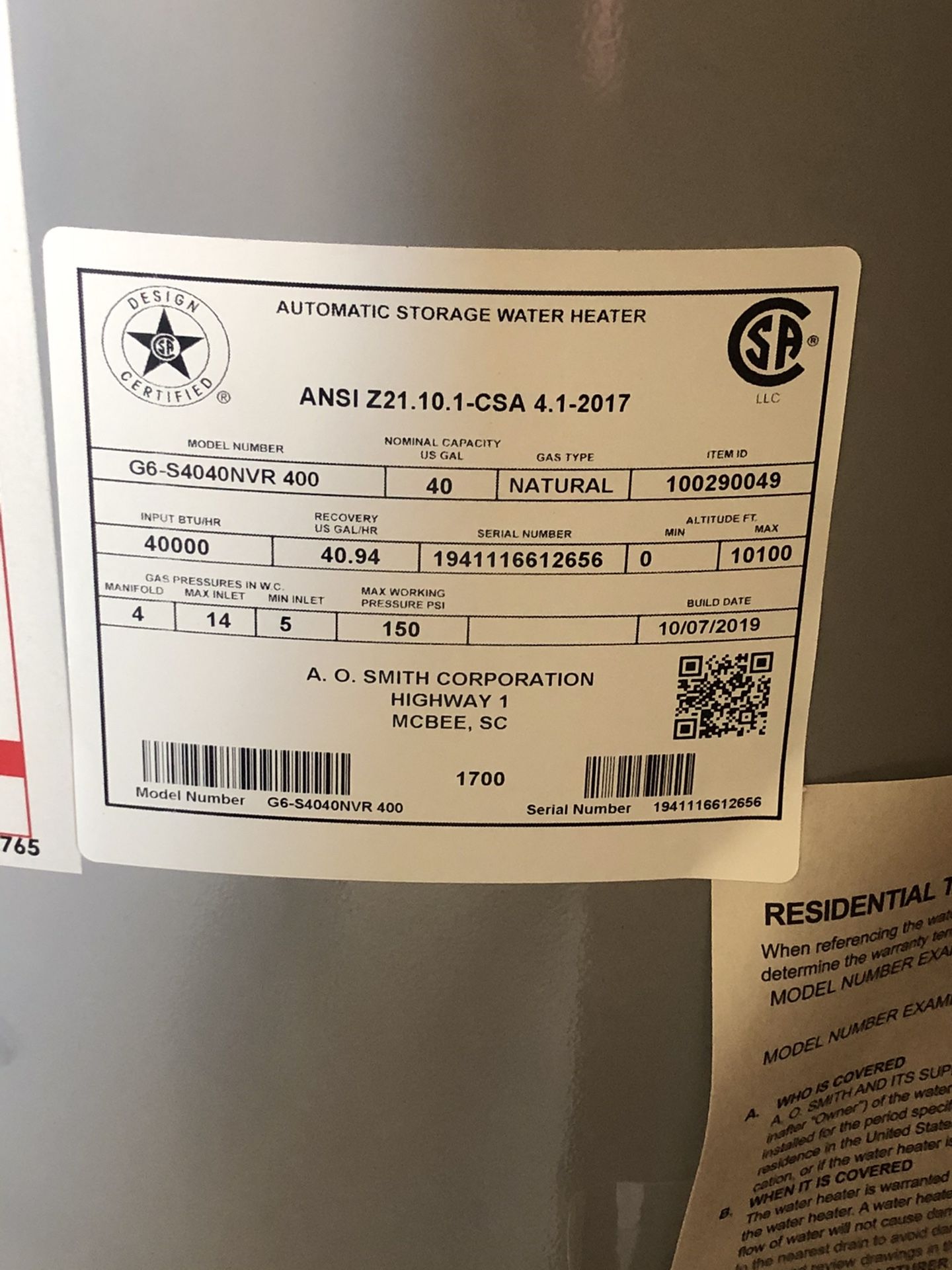 A.O. Smith Signature 40Gallon Short 6Year Limited Natural Gas Water