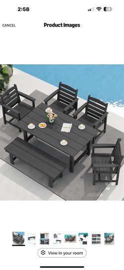 New in box SERWALL 6 Pcs HDPE Dining Set, Includes 1 Table, 1 Bench & 4 Chairs, Black Outdoor Dining Set with Bench, All-Weather Resistant SERWALL Din