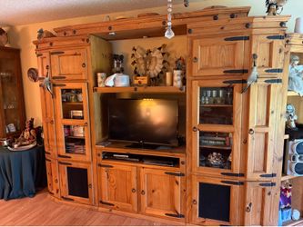 Rustic Pine Entertainment Center with Iron Hardware Excellent Condition