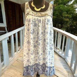 Altar'd State Sun Dress Women's Sz M Blue Floral Beaded Lined Racer Back