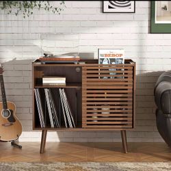 Turntable Stand Table with Wood Legs, Record Player Stand with Media Storage,Record Cabinet with Pow
