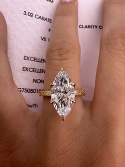 3.02 carat F VS1 marquise lab diamond solitaire with engraved band engagement ring