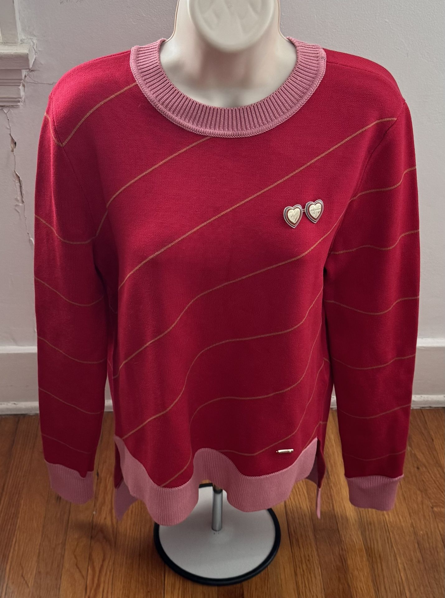Ted Baker Women’s Red Striped Gold Heart Brooch Pink Hem Hi Low Sweater, size 2 or U.S. S
