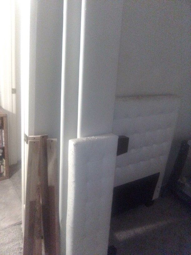 White Faux Leather Twin Bed Frame, Dresser, And Leather Office Chair Goes Up And Down