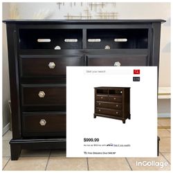 Media Chest, solid wood, all the drawers works perfectly, sturdy/string.