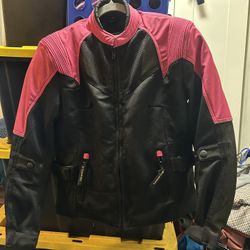pink and black leather biker jacket
