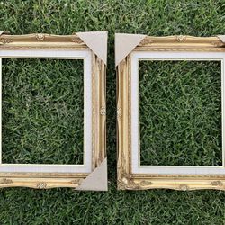 Pair of Antique Gold Ornate Baroque Wood & Gesso Picture Frames w/ Cream Linen Liner, Vintage Style