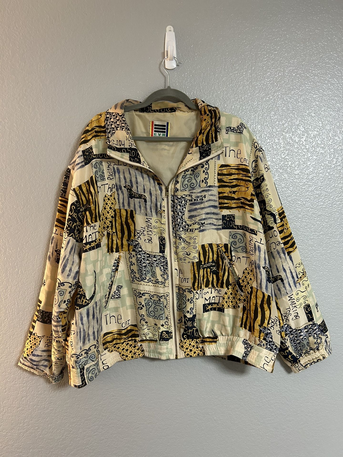 Vintage Silk Zip up gold blue Bomber Jacket Animal Print Dogs Cat oversized L XL