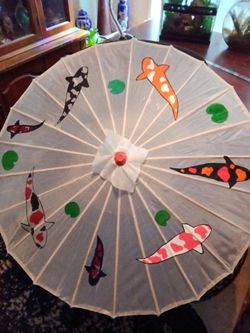 Hand painted koi fish on silk umbrella