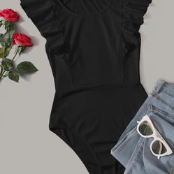 SHEIN Black Bodysuit With Ruffle Shoulders (Size S/4)