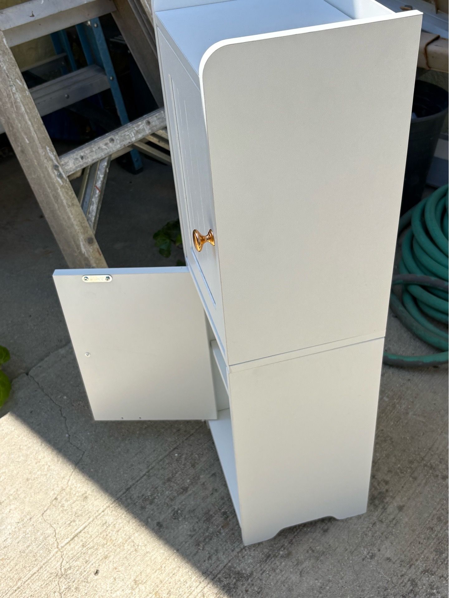 White Slim Storage Cabinet with Gold Knobs