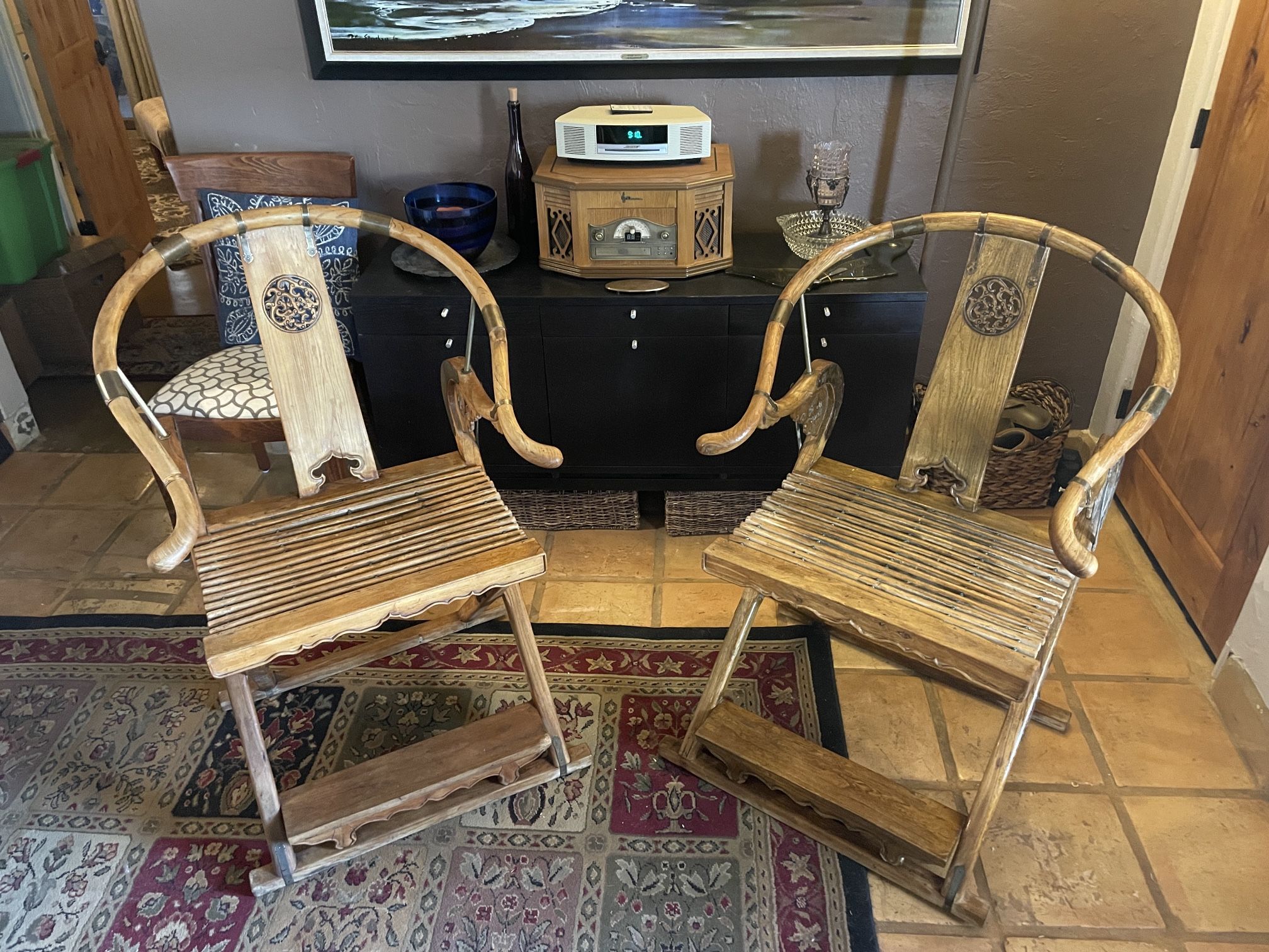 Antique Chinese Elm Huanghuali Hunting Chairs