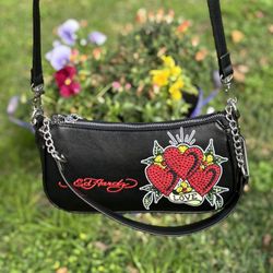 Ed Hardy Black Shoulder Bag with Heart and Love Design