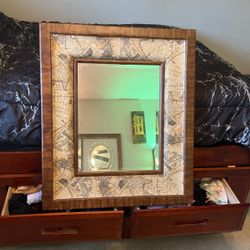 Mirror Wall Decor With Map Pattern And Ornate Framing