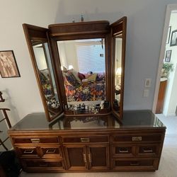UNIQUE FURNITURE Long Dressr with Attached Mirror - Original Brass Hardware- 11 Drawers 