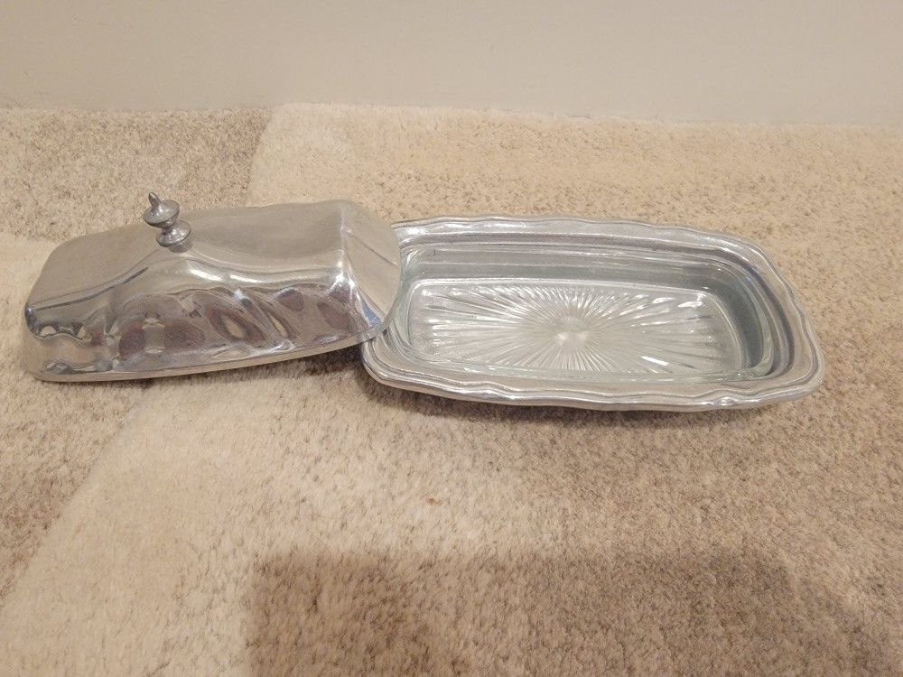 Vintage Wilton USA Pewter Butter Dish Clear Star Burst Glass Liner Insert