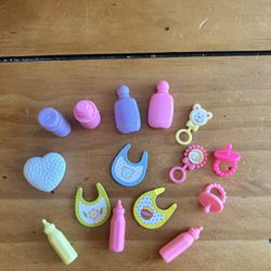 Barbie Doll BABY ACCESSORIES 15 Piece Lot Bottles/Pacifiers/Rattles/Powder/Bibs