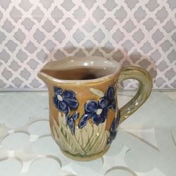 Vintage Majolica Pottery, Blue Flower Botanical Iris Creamer Pitcher