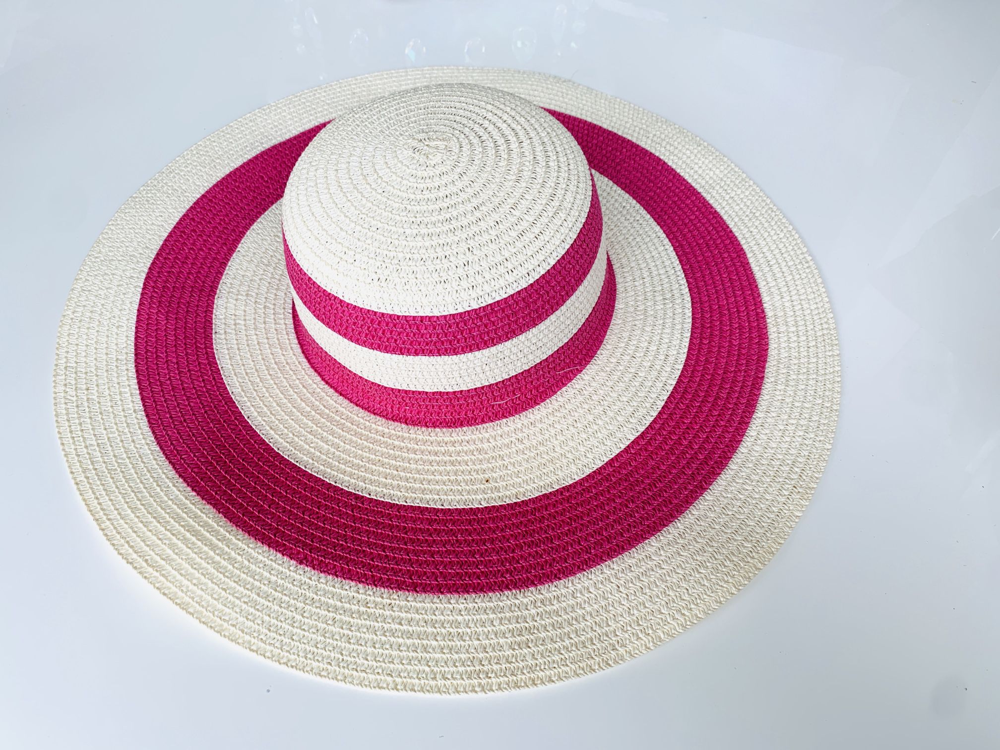 Like New Large Hot Pink / Fuchsia Stripped Straw Beach / Sun Hat